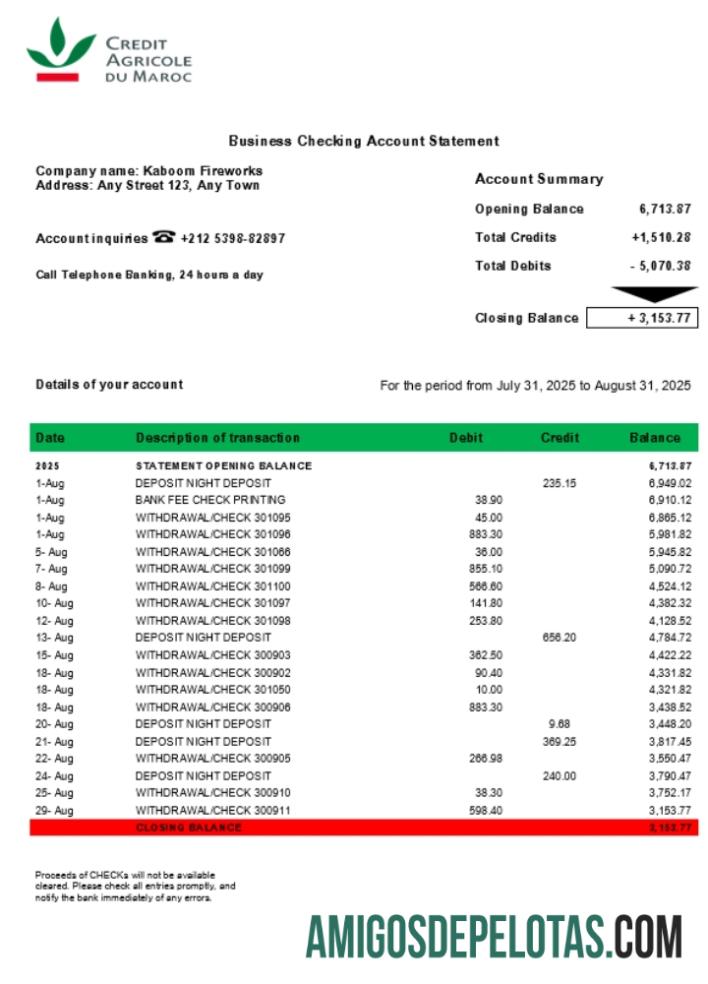 Marrocos Crédit Agricole Enterprise Statement formato Word e PDF (1) exemplo
